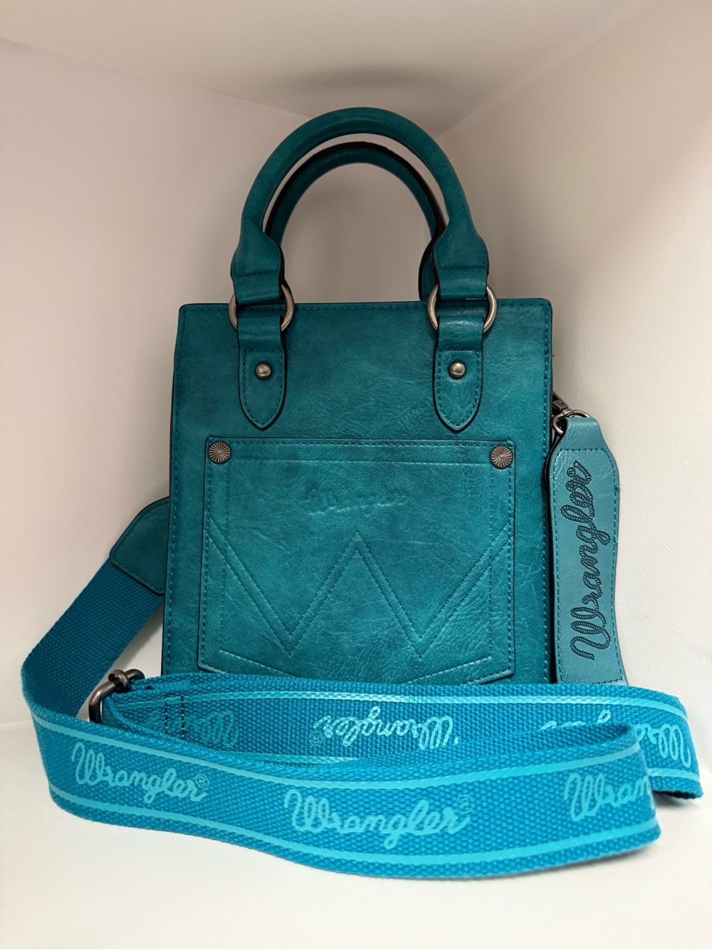 Wrangler Turquoise Leather Tooled Floral Purse Mini Tote Crossbody Cowgirl Retro - Picture 2 of 4